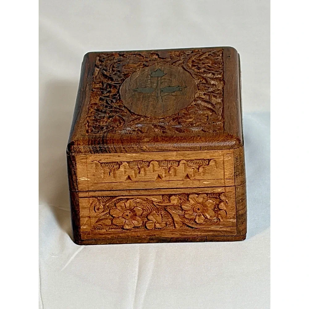 Carved Hinged Wooden Floral Trinket Box, Brown Rectangle Decorative Box